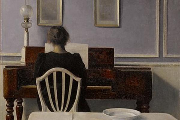 Painting of the back of a woman sat at a piano