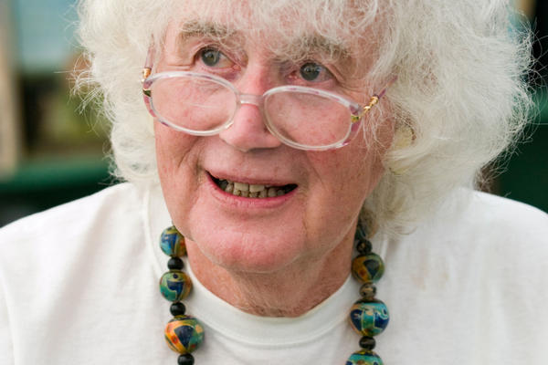 Writer Jan Morris wearing a 