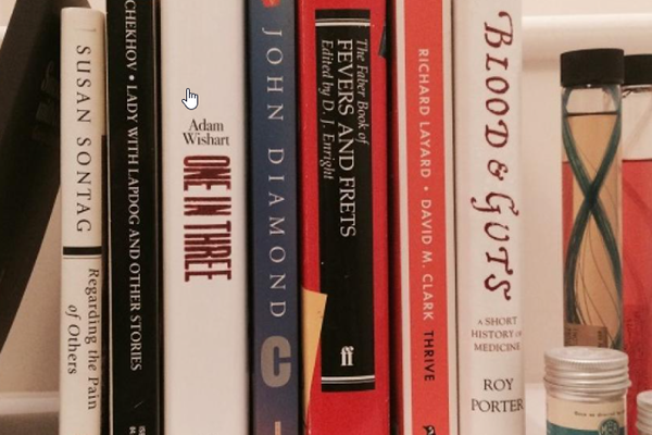 poetry and medical books on shelf