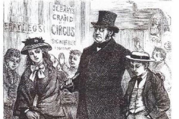 Title page vignette of Hard Times by Charles Dickens: Thomas Gradgrind Apprehends His Children Louisa and Tom at the Circus