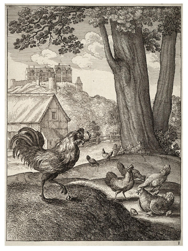 An engraving of a rooster contemplating a jewel, with hens and farmhouse in the background.