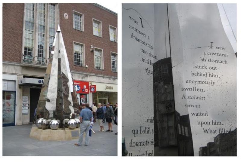 The Exeter Riddle sculpture was designed by artist Michael Fairfax and installed in Exeter city centre in 2005. Modern English versions of some of the Old English riddles are incised in mirror writing on its wings, and can be read in their reflection.