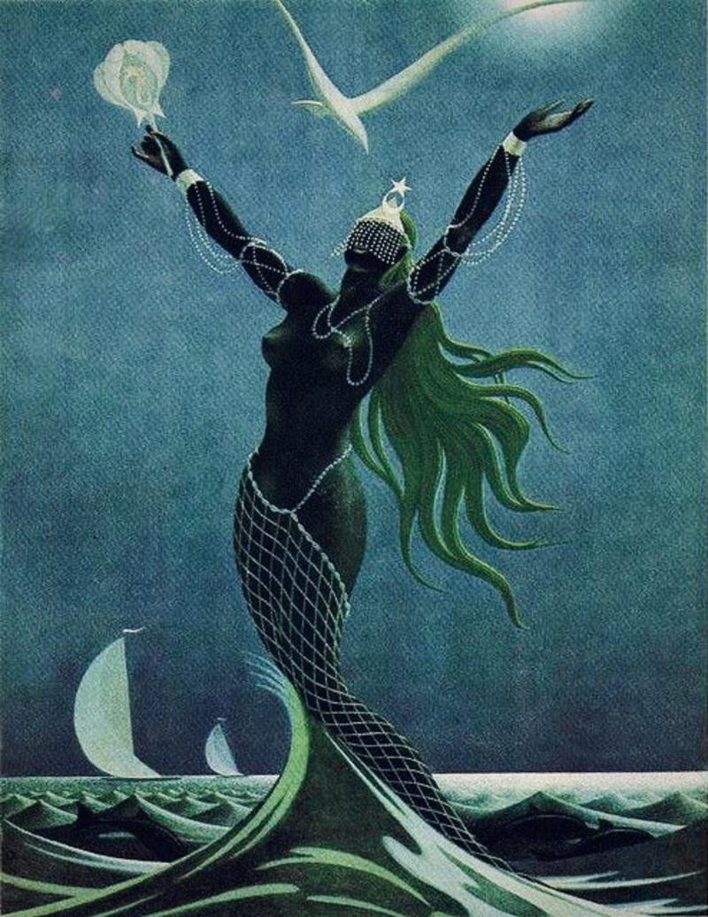 An atmospheric colour artwork of a black mermaid rising from the ocean under a full moon.