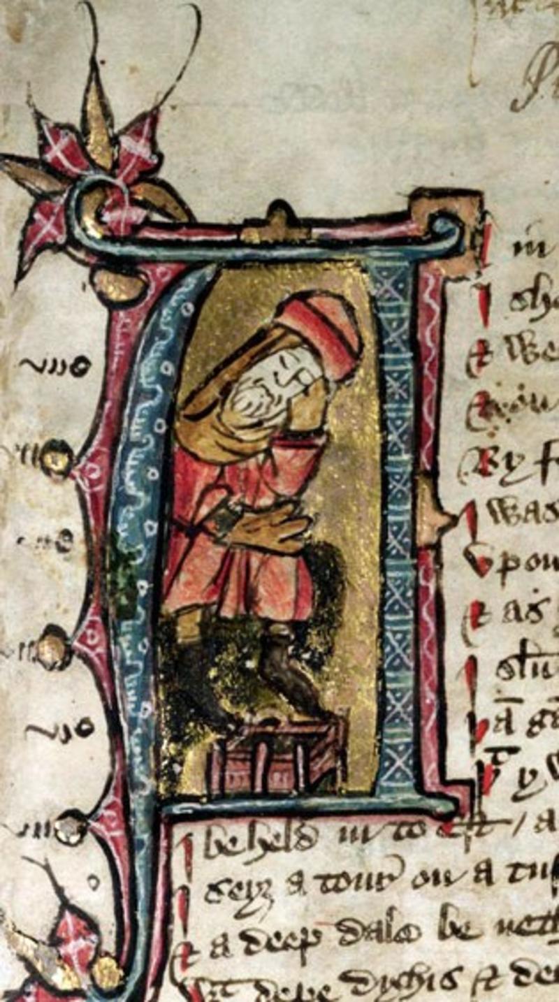 Detail of Will dreaming, from an illuminated initial in Corpus Christi MS 201 f.1r.