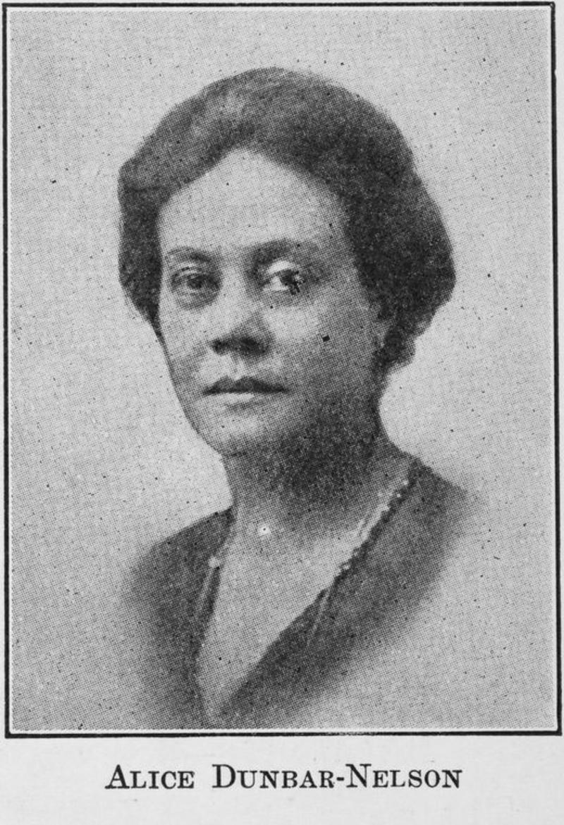 A black and white photographic portrait of Alice Dunbar-Nelson