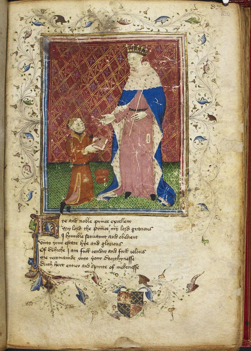MS Royal 17 D. VI, fol. 40r. Thomas Hoccleve presenting his poem to Prince Henry Manuscript Illumination of Thomas Hoccleve presenting his poem to Prince Henry