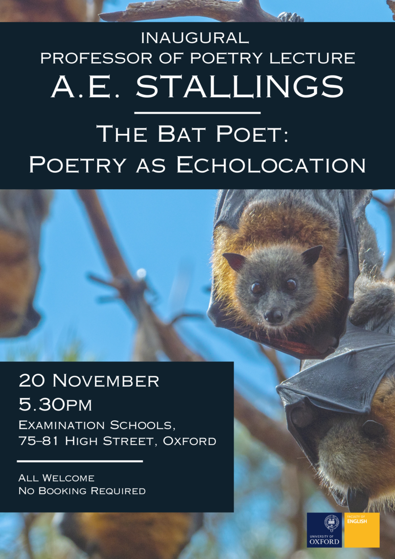 Professor of poetry poster with bats hanging off tree in background