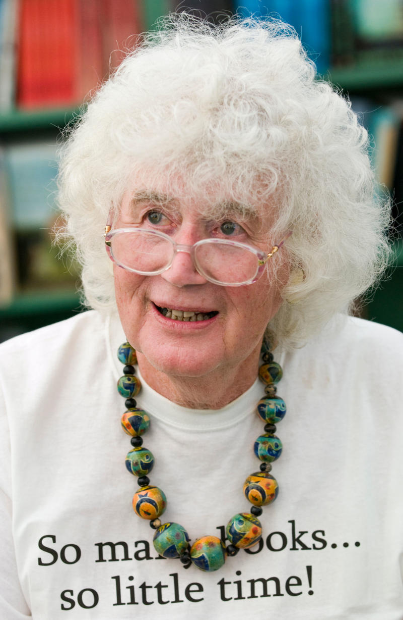 Writer Jan Morris wearing a 