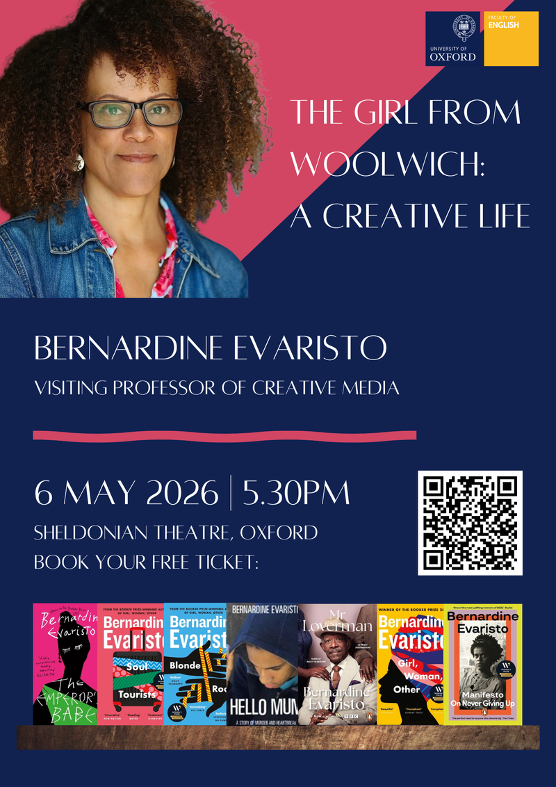 Bernardine Evaristo portrait with event details and book covers