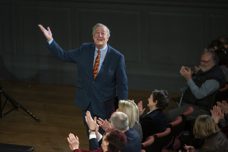 Stephen Fry giving a lecture at Oxford University in January 2025