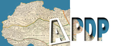 The letters APDP cut out to reveal a map below