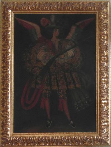 Painting of an angel with clothes of baroque musketeers