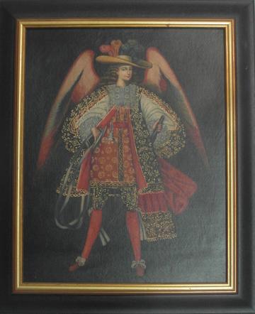 Painting of an angel with clothes of baroque musketeers