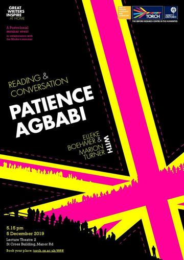 Patience Agbabi poster featuring a stylised British flag in bright pink and yellow against a black background